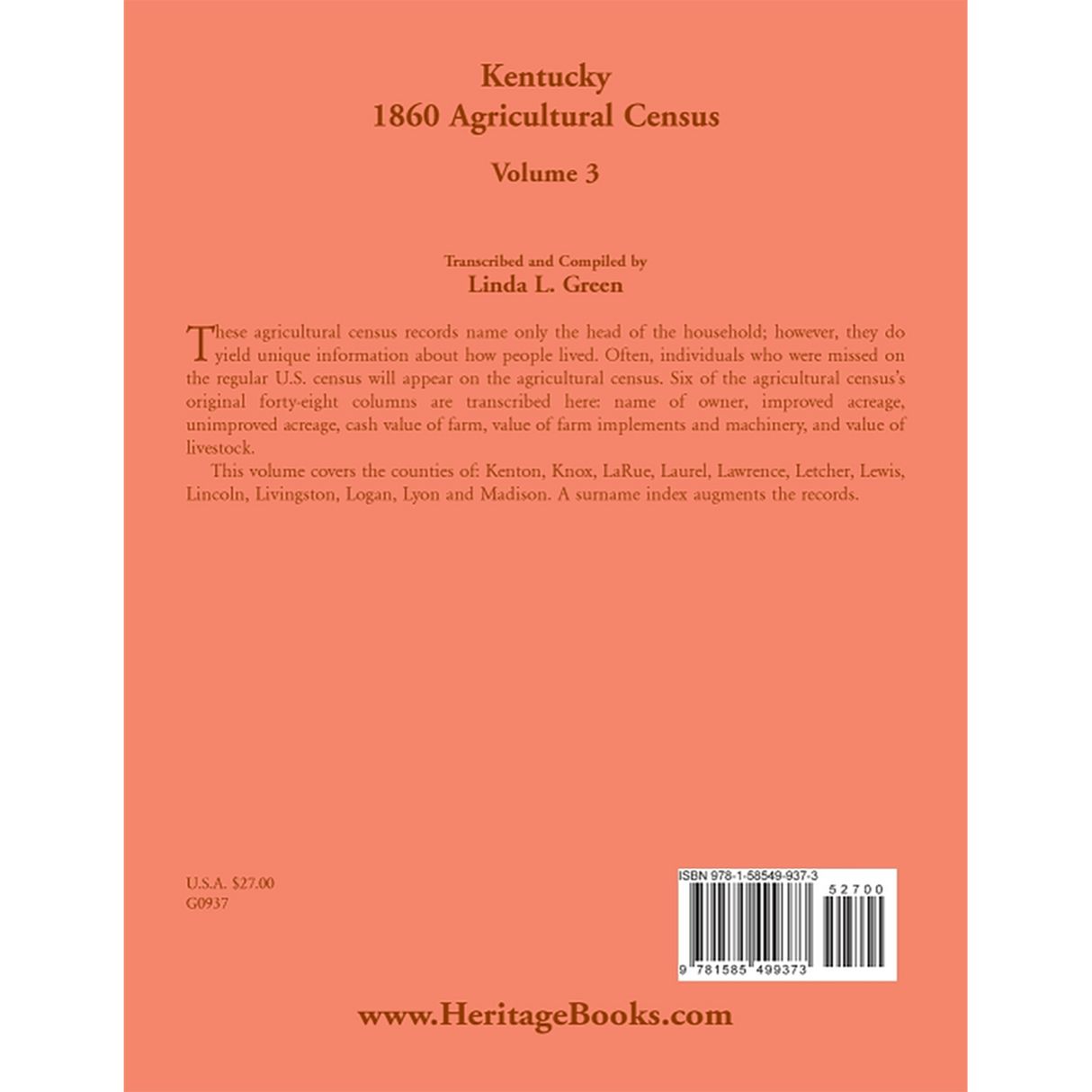 Kentucky 1860 Agricultural Census, Volume 3 back cover