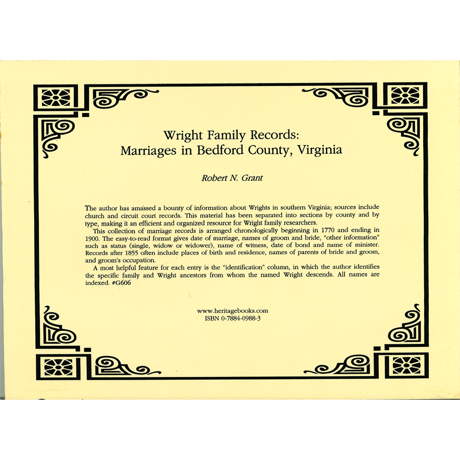 Wright Family Records, Marriages in Bedford County, Virginia