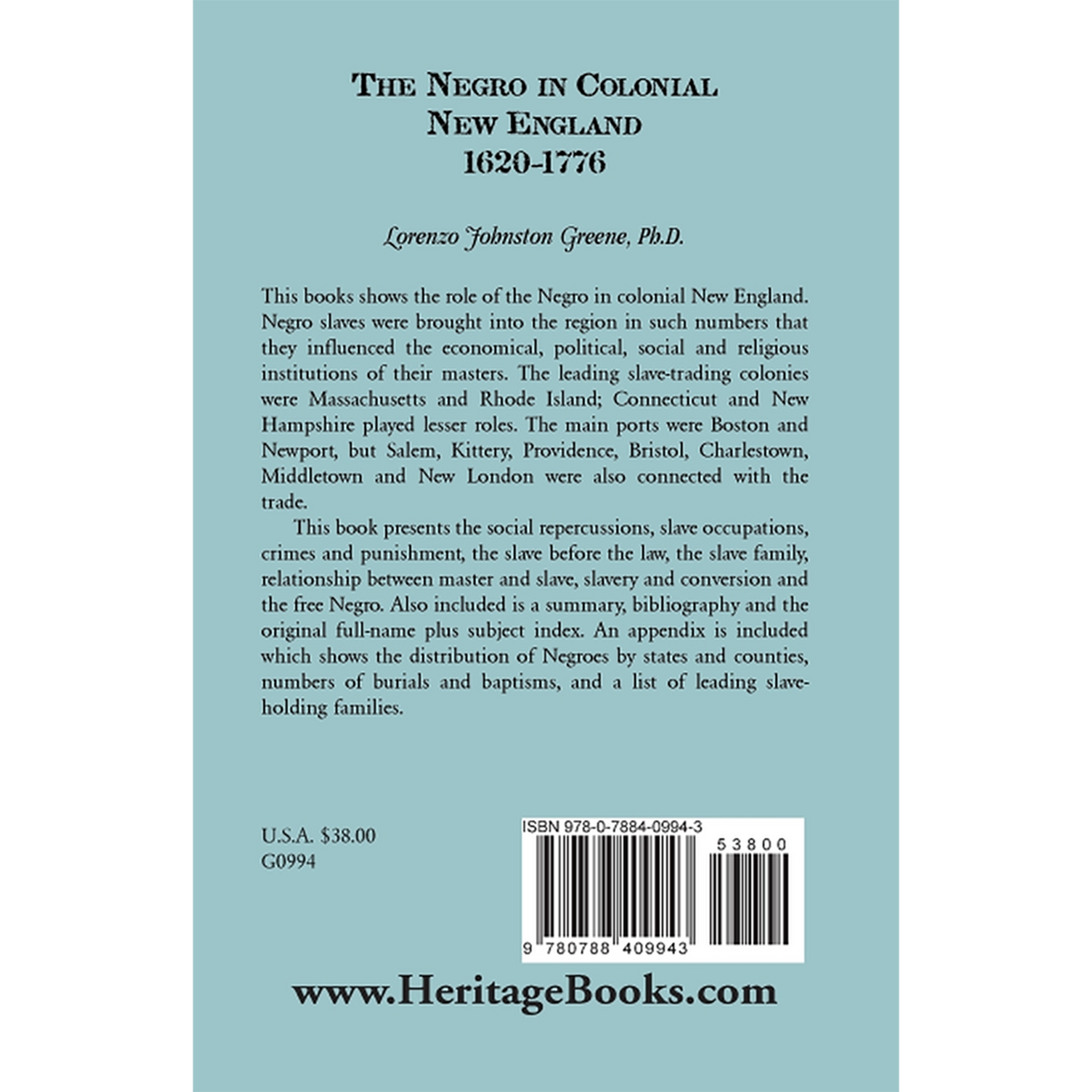 The Negro in Colonial New England 1620-1776 back cover