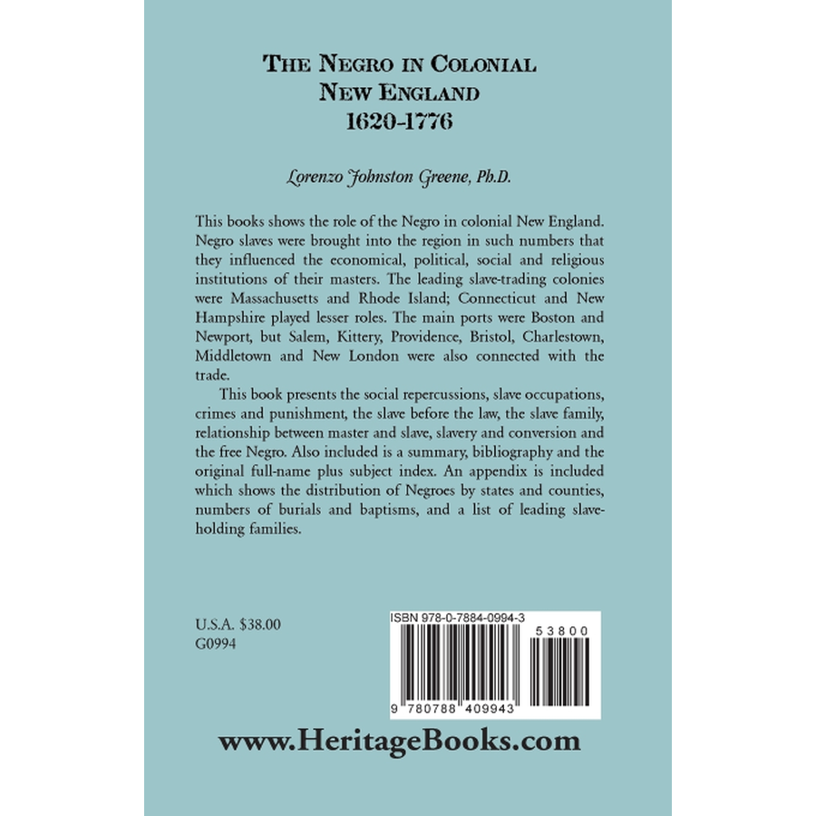 The Negro in Colonial New England 1620-1776 back cover