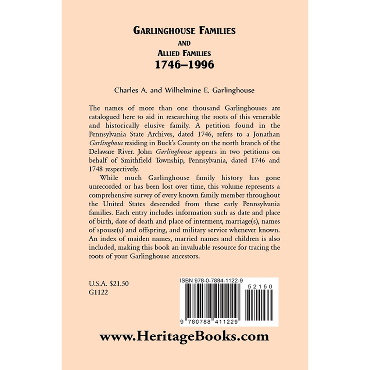 Garlinghouse Families and Allied Families, 1746-1996 back cover