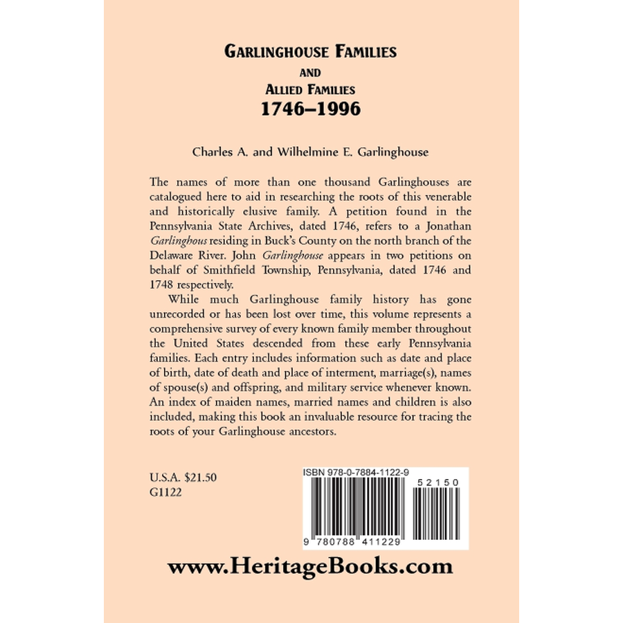 back cover of Garlinghouse Families and Allied Families, 1746-1996