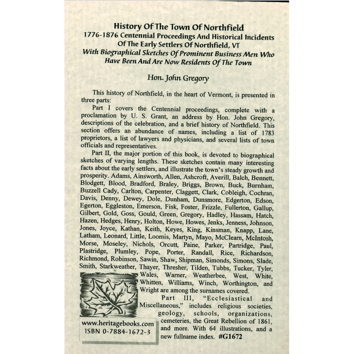 History of the Town of Northfield, Vermont back cover