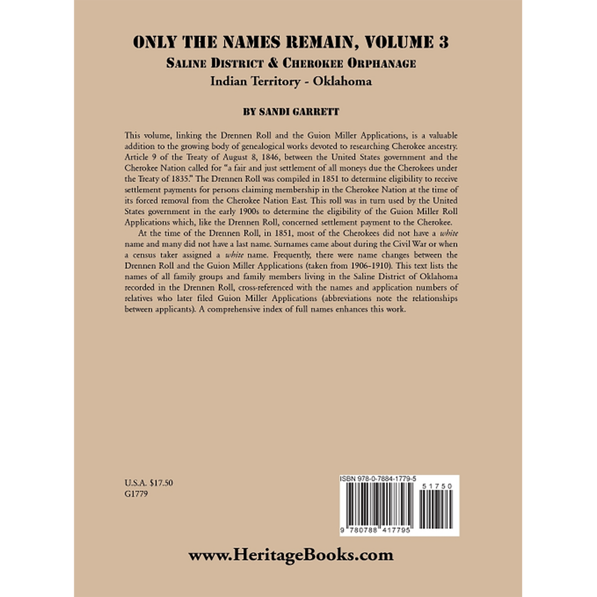 Only the Names Remain, Volume 3: Saline District and Cherokee Orphanage, Indian Territory-Oklahoma back cover