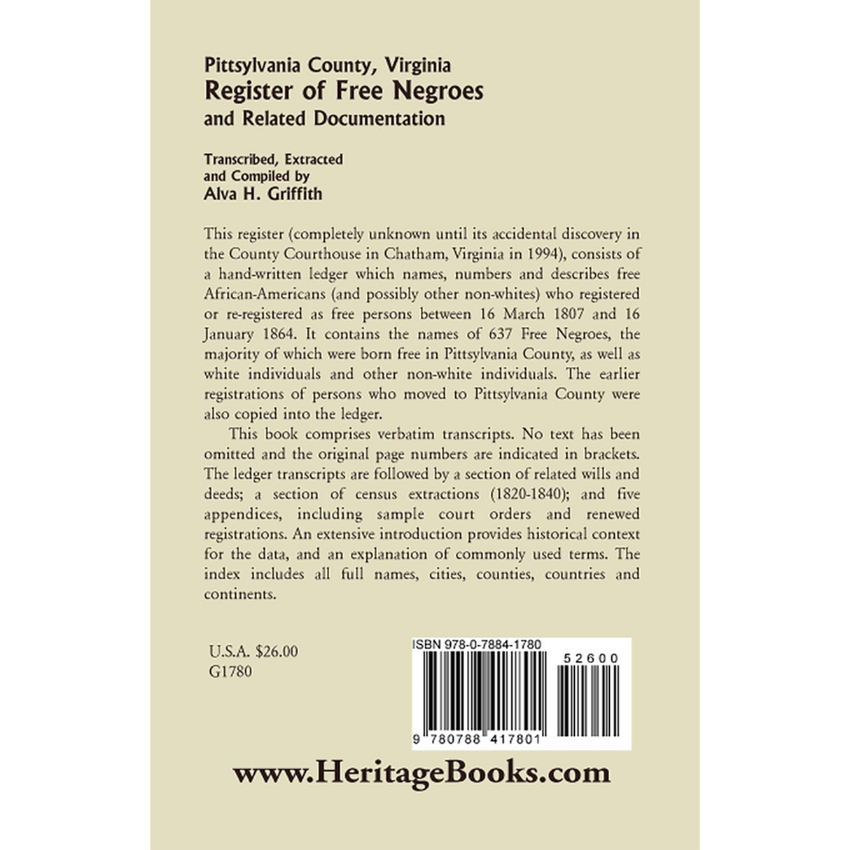 Pittsylvania County, Virginia Register of Free Negroes and Related Documentation back cover