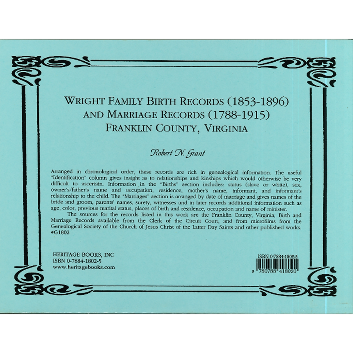 Wright Family Birth Records (1853-1896) and Marriage Records (1788-1915), Franklin County, Virginia back cover