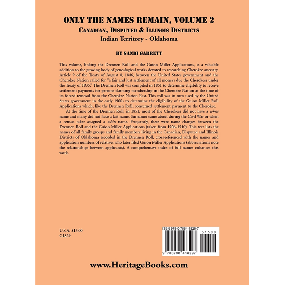 Only the Names Remain, Volume 2: Canadian, Disputed and Illinois Districts, Indian Territory-Oklahoma back cover
