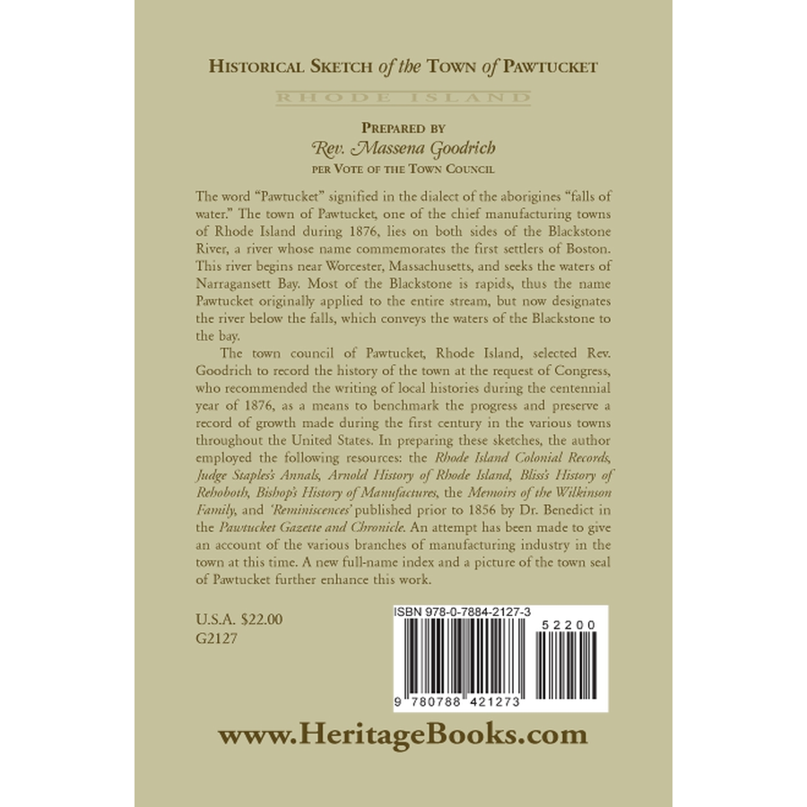 Historical Sketch of the Town of Pawtucket [RI] back cover