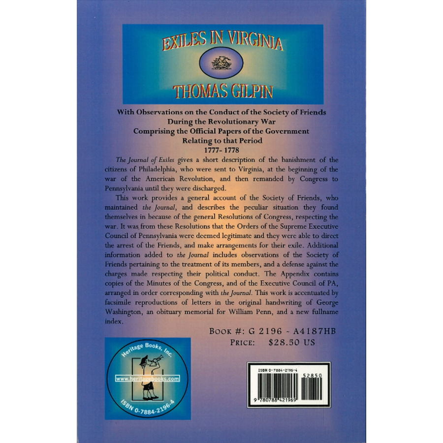 Exiles In Virginia: With Observations on the Conduct of the Society of Friends, 1777-1778 back cover