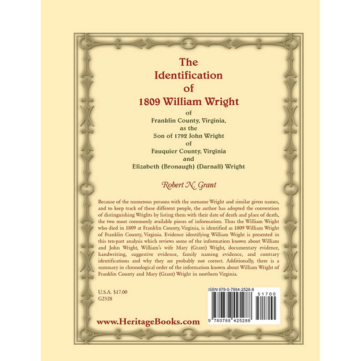 The Identification of 1809 William Wright of Franklin County, Virginia back cover