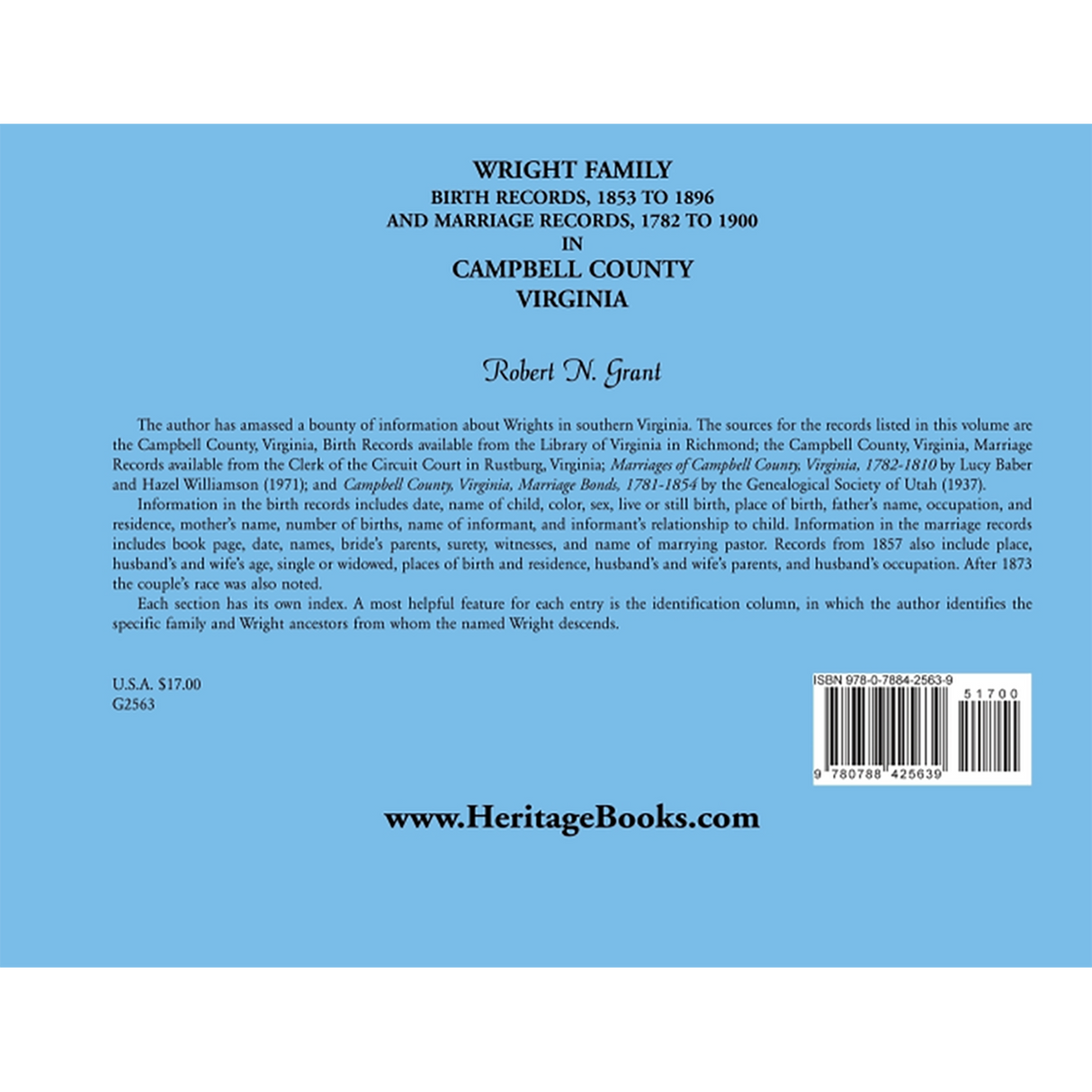 Wright Family Birth Records, 1853-1896, and Marriage Records, 1782-1900, Campbell County, Virginia back cover