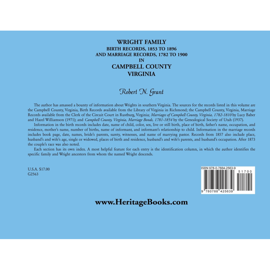 Wright Family Birth Records, 1853-1896, and Marriage Records, 1782-1900, Campbell County, Virginia back cover