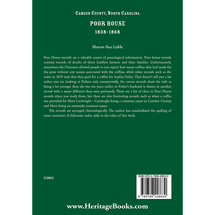 Camden County, North Carolina Poor House, 1838-1868 back cover