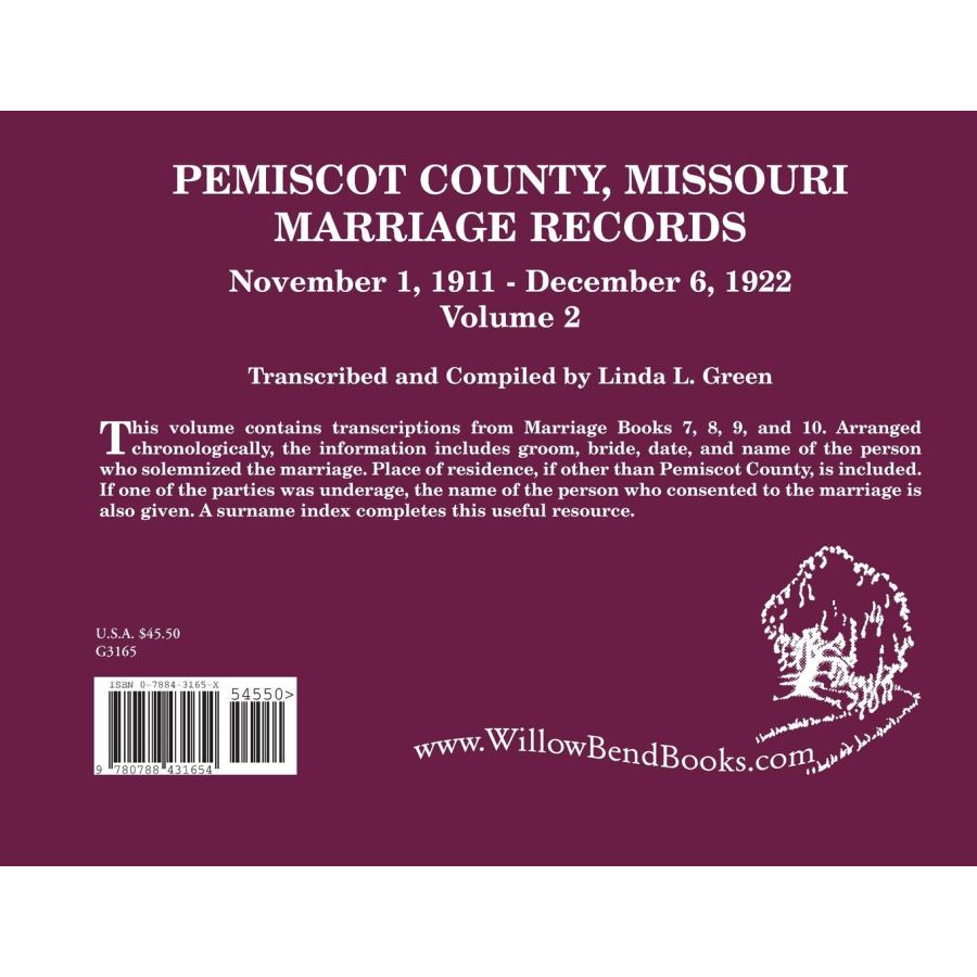 Pemiscot County, Missouri Marriage Records, Volume 2, 1911-1922 back cover
