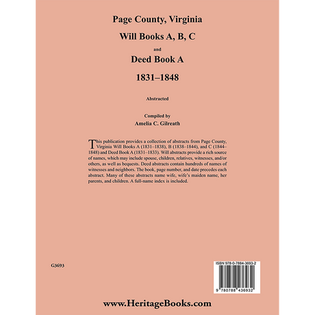 Page County, Virginia, Will Books A, B, C and Deed Book A 1831-1848 back cover