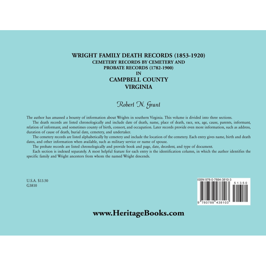 back cover of Wright Family Death Records (1853-1920), Cemetery Records by Cemetery, and Probate Records (1782-1900), Campbell County, Virginia