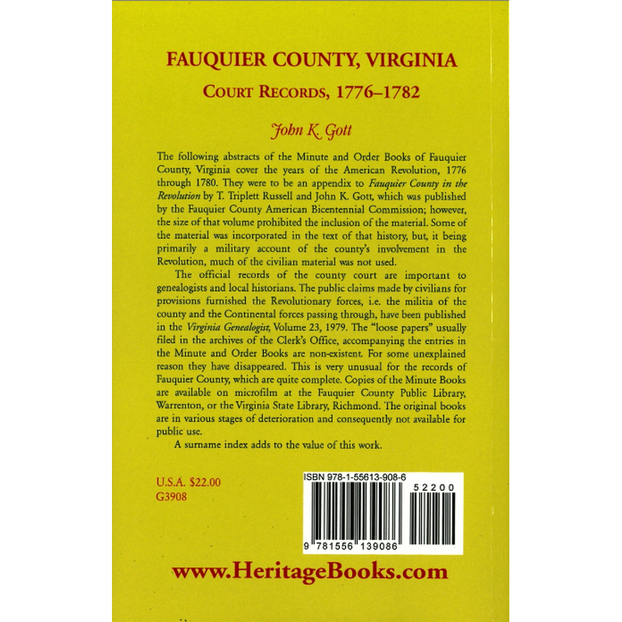 Fauquier County, Virginia Court Records, 1776-1782 back cover