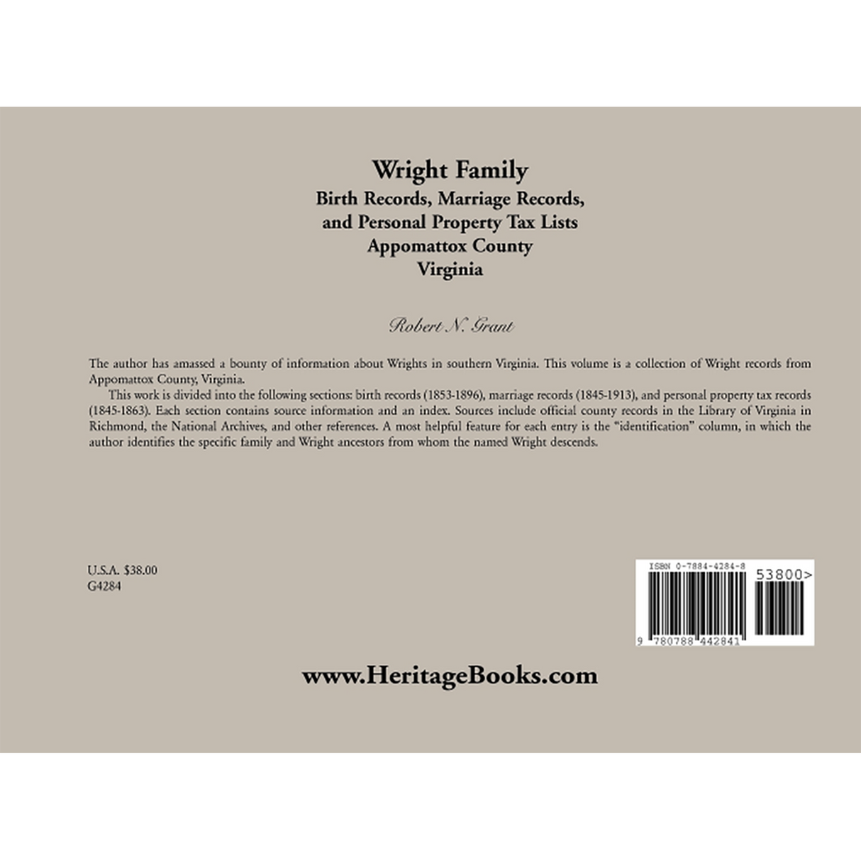 Wright Family Records: Appomattox County, Virginia, Birth Records, Marriage Records, and Personal Property Tax Lists back cover