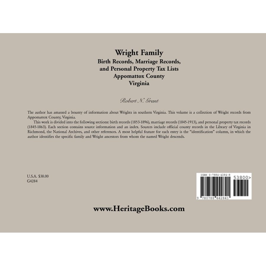 back cover of Wright Family Records: Appomattox County, Virginia, Birth Records, Marriage Records, and Personal Property Tax Lists