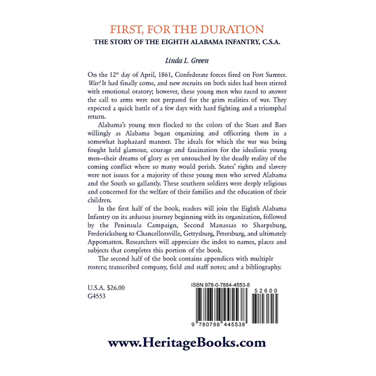 First, For The Duration: The Story of the Eighth (8th) Alabama Infantry, C.S.A. [Confederate States Army] back cover