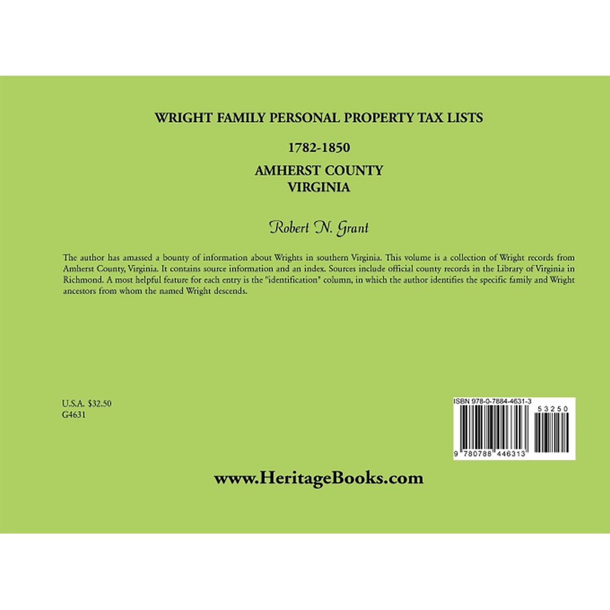 Wright Family Personal Property Tax Lists, Amherst County, Virginia 1782-1850 back cover