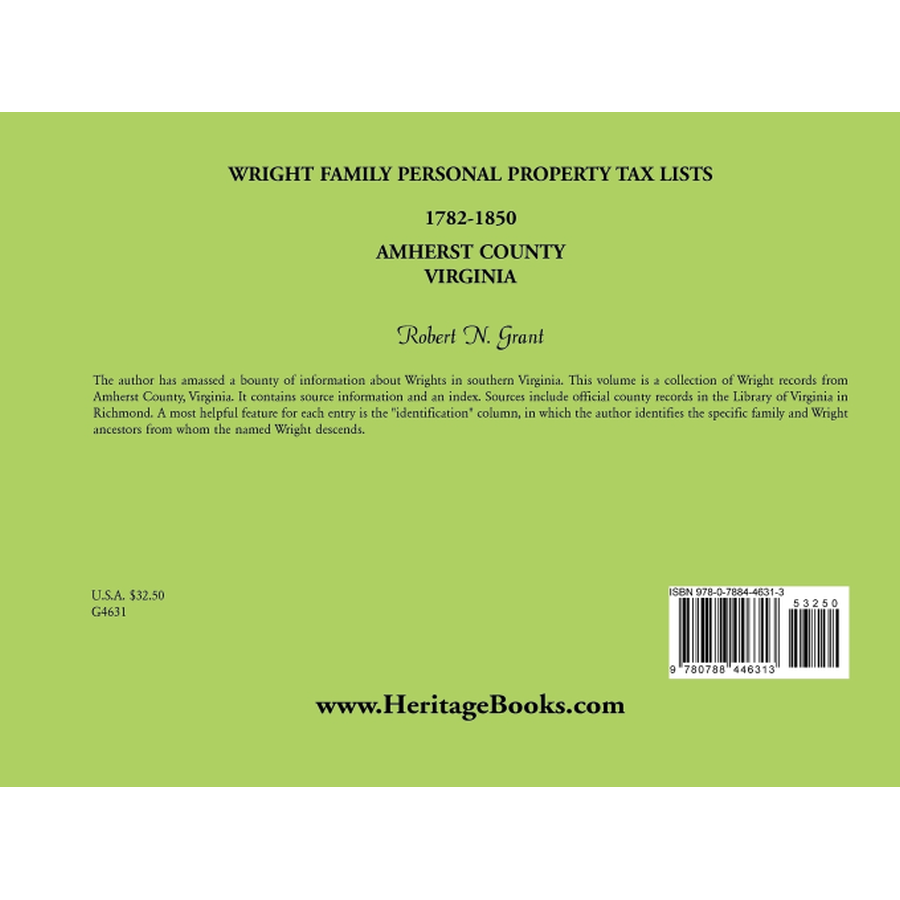 back cover of Wright Family Personal Property Tax Lists, Amherst County, Virginia 1782-1850