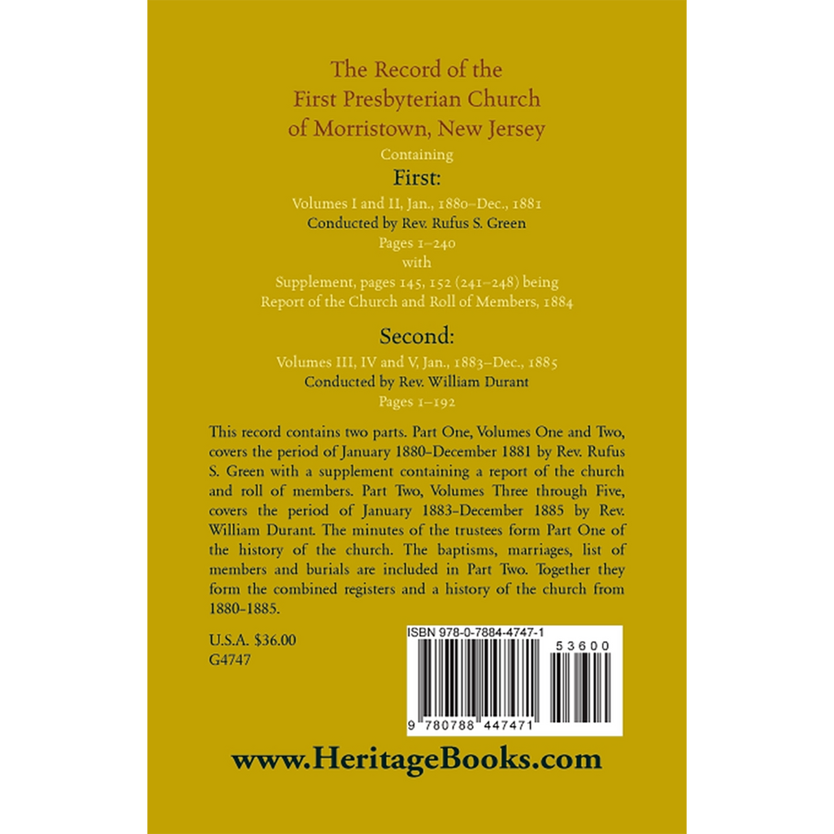 The Record, First Presbyterian Church of Morristown, New Jersey Volumes I-V back cover