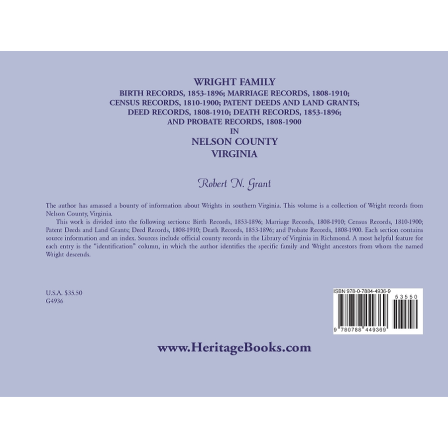 back cover of Wright Family Birth, Marriage, Census, Patent Deeds, Land Grants, Deeds, Death, and Probate Records, Nelson County, Virginia