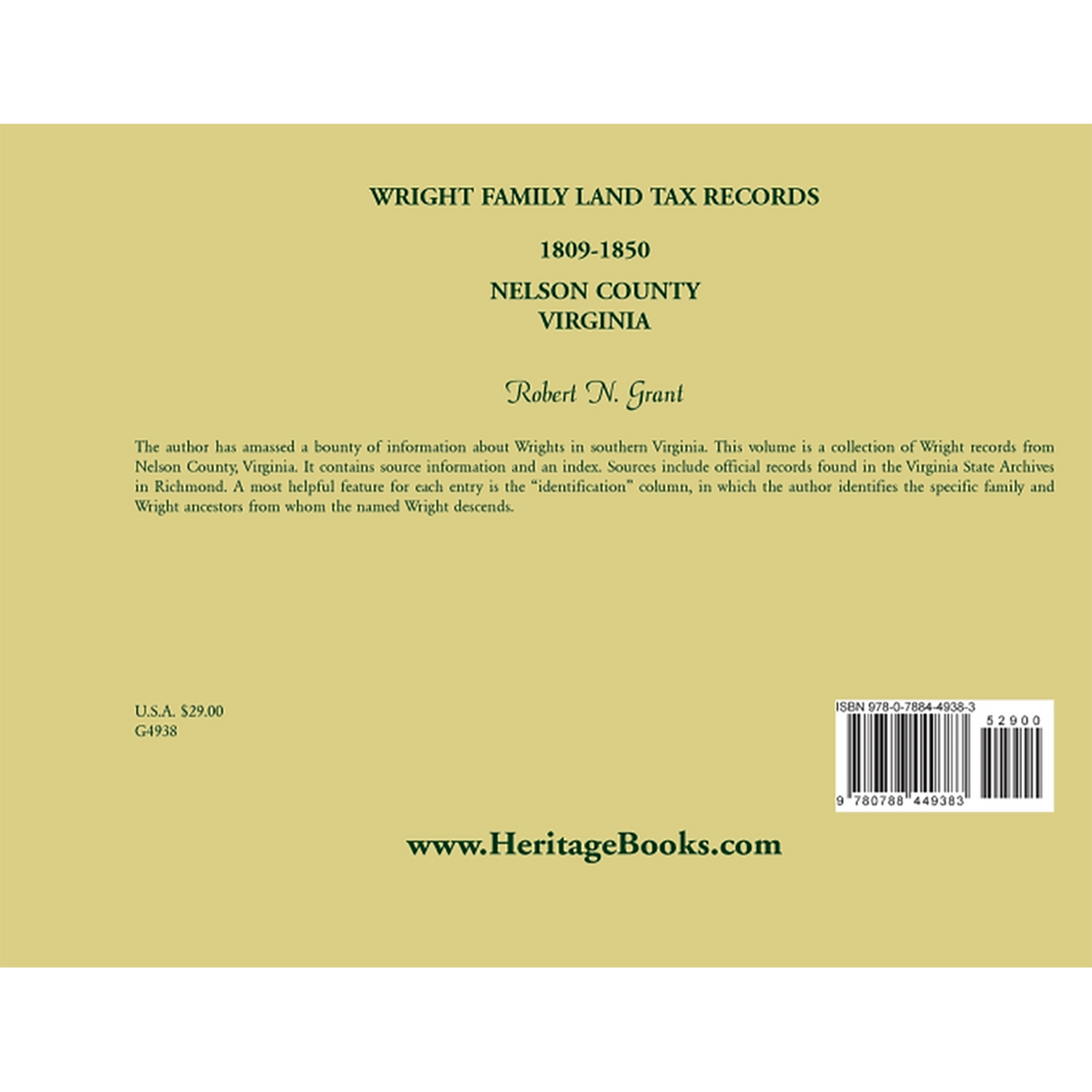 Wright Family Land Tax Lists, Nelson County, Virginia 1809 to 1850 back cover