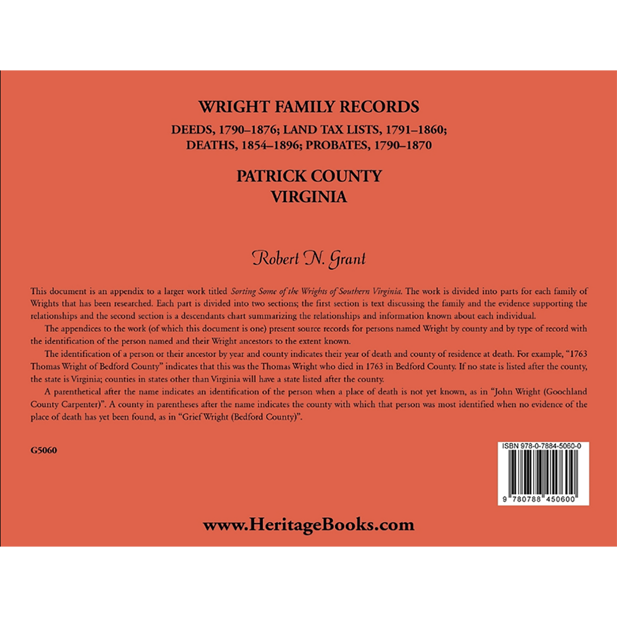 Wright Family Records, Patrick County, Virginia: Deeds 1790-1876, Land Tax Lists 1791-1860, Deaths 1854-1896, Probates 1790-1870