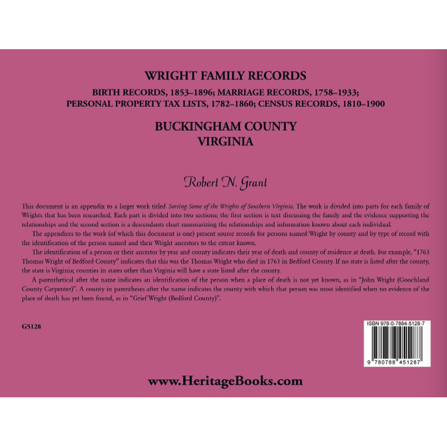 Wright Family Records, Buckingham County, Virginia: Births 1853-1896, Marriages 1758-1933, Personal Property Tax Lists 1782-1860, Census Records 1810-1900 back cover