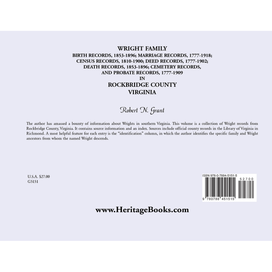 back cover of Wright Family Birth, Marriage, Census, Deed, Death, Cemetery and Probate Records, Rockbridge County, Virginia