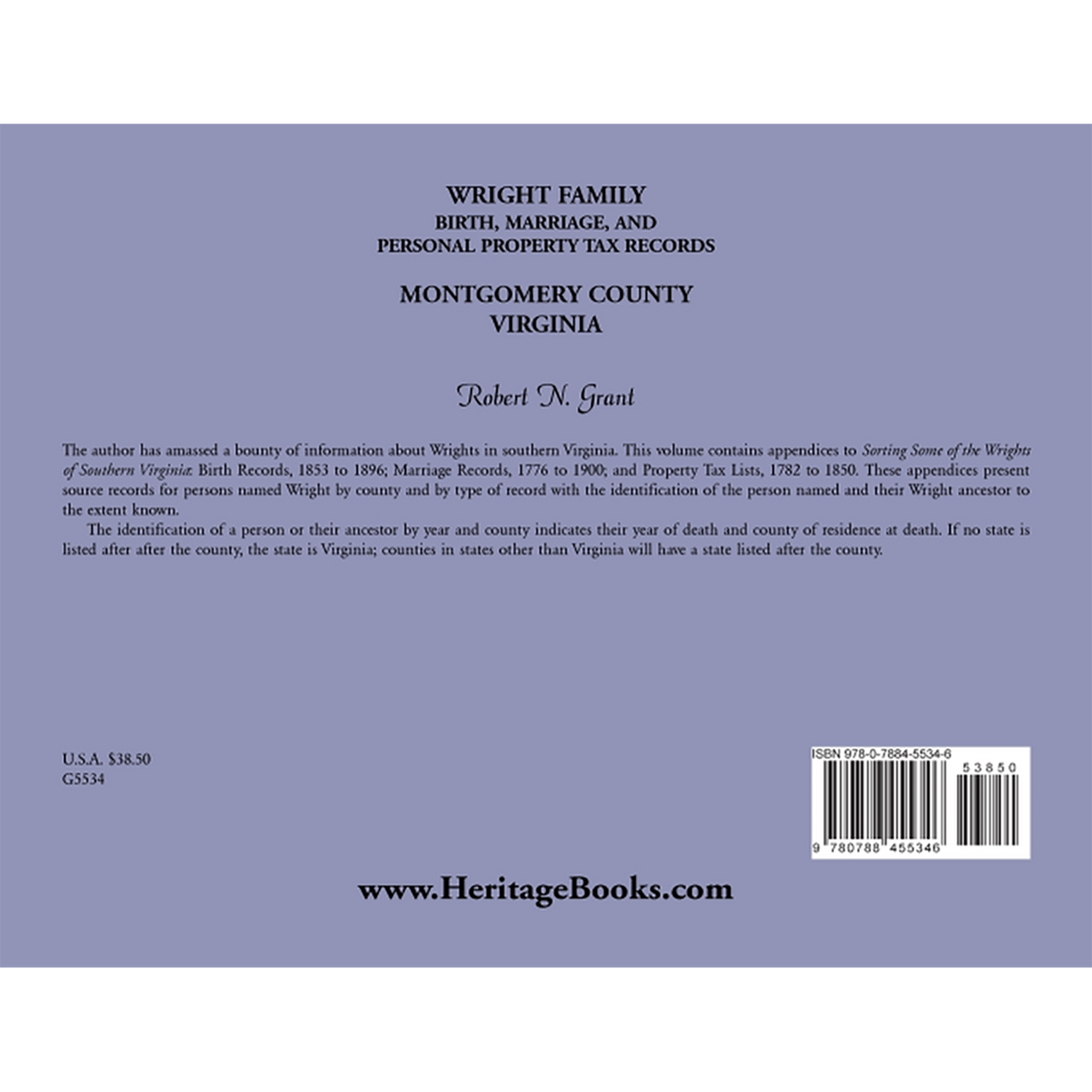 Wright Family Birth, Marriage, and Personal Property Tax Records, Montgomery County, Virginia back cover
