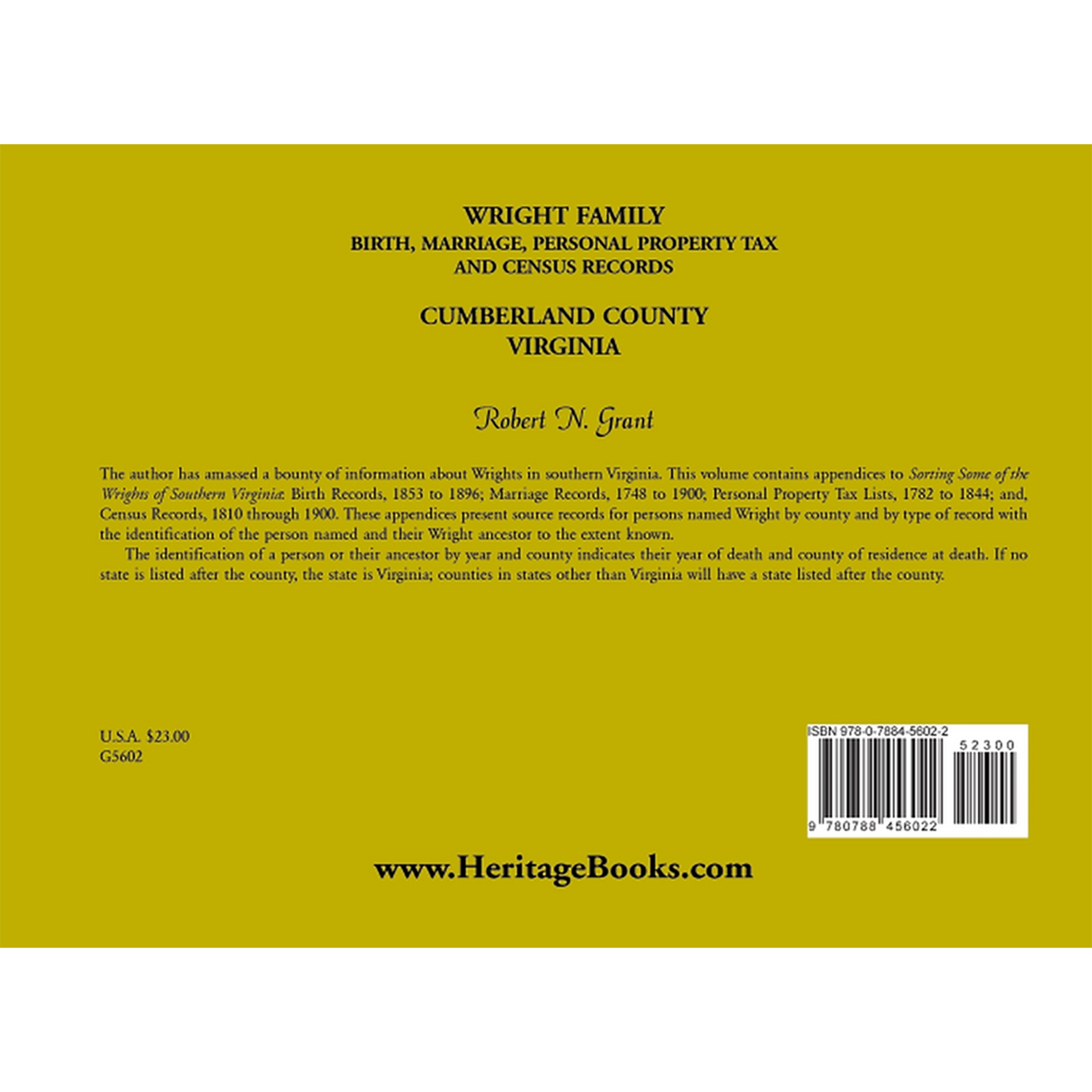 Wright Family Birth, Marriage, Personal Property Tax, and Census Records, Cumberland County, Virginia back cover