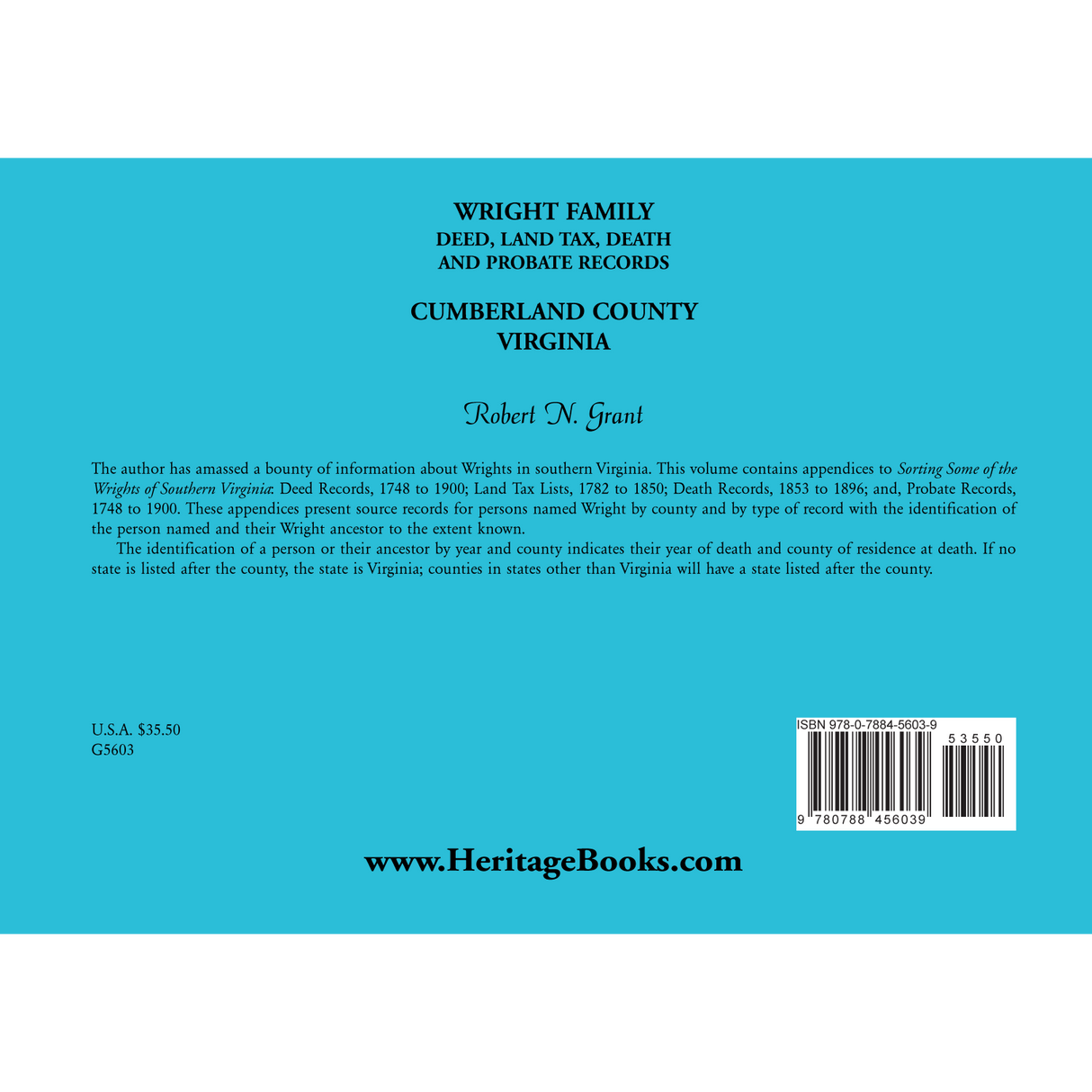 Wright Family Deed, Land Tax, Death and Probate Records, Cumberland County, Virginia back cover