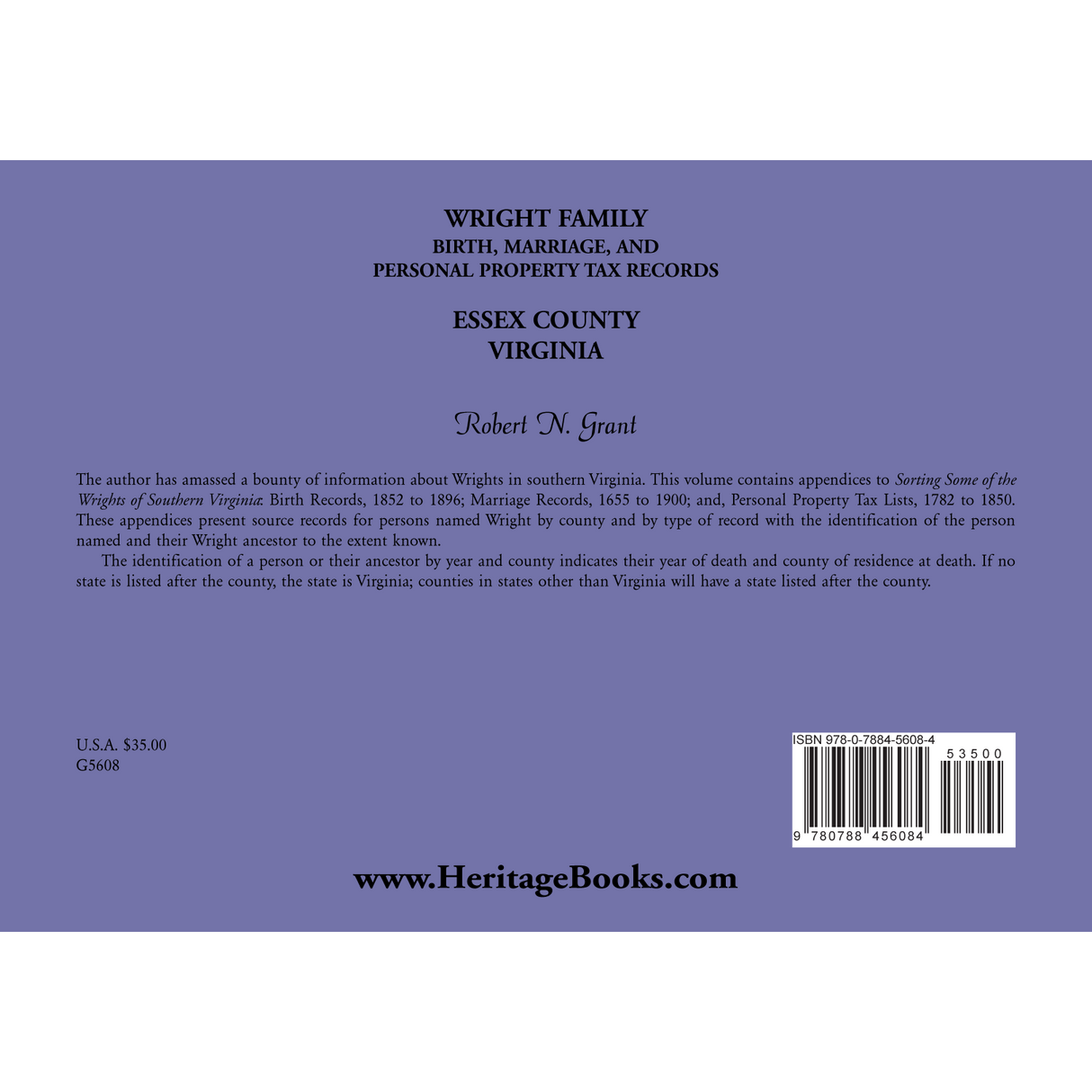 Wright Family Birth, Marriage and Personal Property Tax Records, Essex County, Virginia back cover