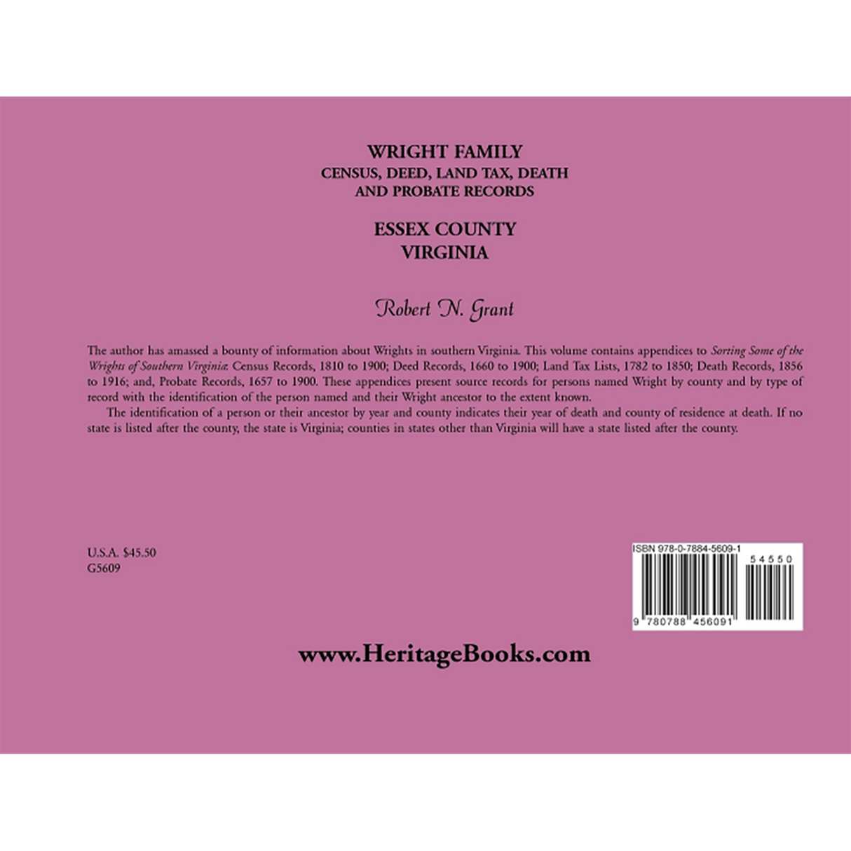 Wright Family Census, Deed, Land Tax, Death and Probate Records, Essex County, Virginia back cover