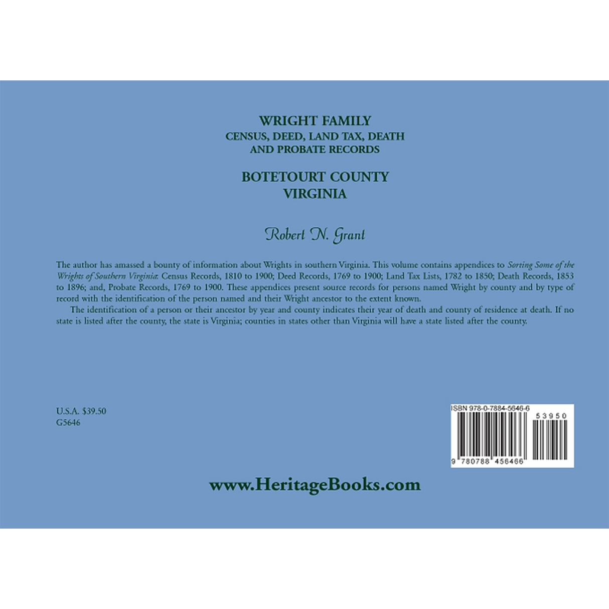 Wright Family Census, Deed, Land Tax, Death, and Probate Records, Botetourt County, Virginia
 back cover