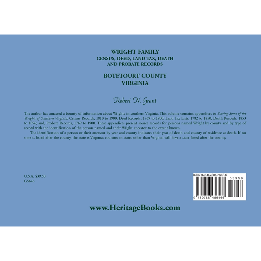 Wright Family Census, Deed, Land Tax, Death, and Probate Records, Botetourt County, Virginia
 back cover