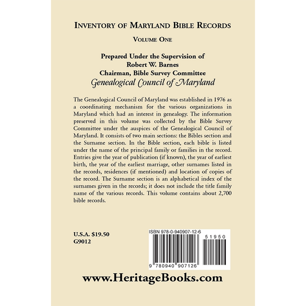 Inventory of Maryland Bible Records, Volume One back cover