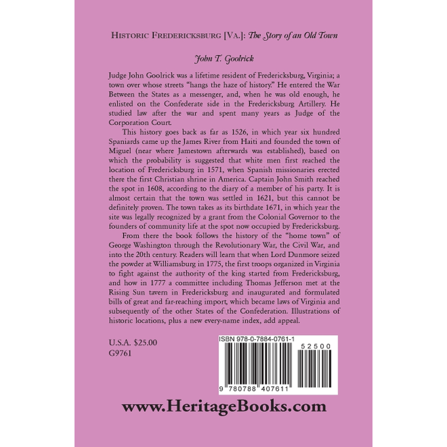 back cover of Historic Fredericksburg: The Story of an Old Town