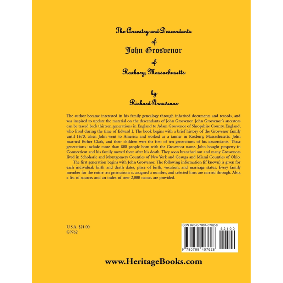 back cover of The Ancestry and Descendants of John Grosvenor of Roxbury, Massachusetts