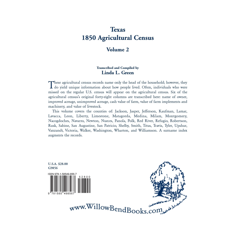 Texas 1850 Agricultural Census, Volume 2 back cover