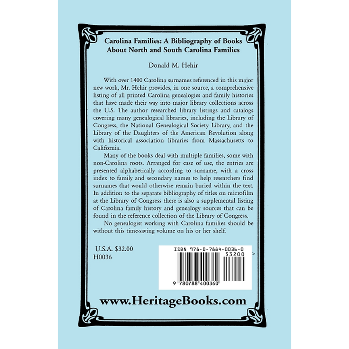 Carolina Families: A Bibliography of Books About North and South Carolina Families back cover