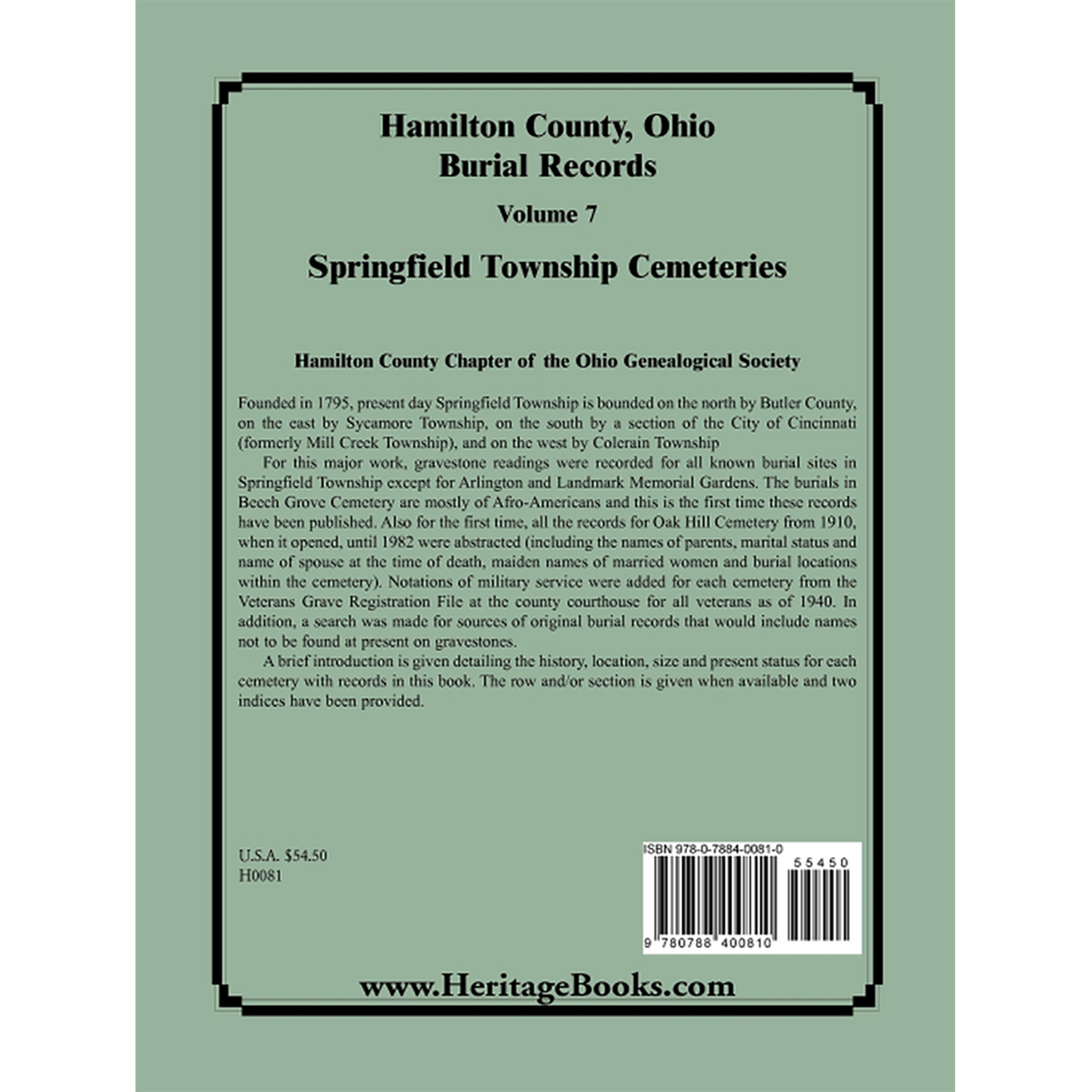 Hamilton County, Ohio Burial Records, Volume 7: Springfield Township Cemeteries back cover