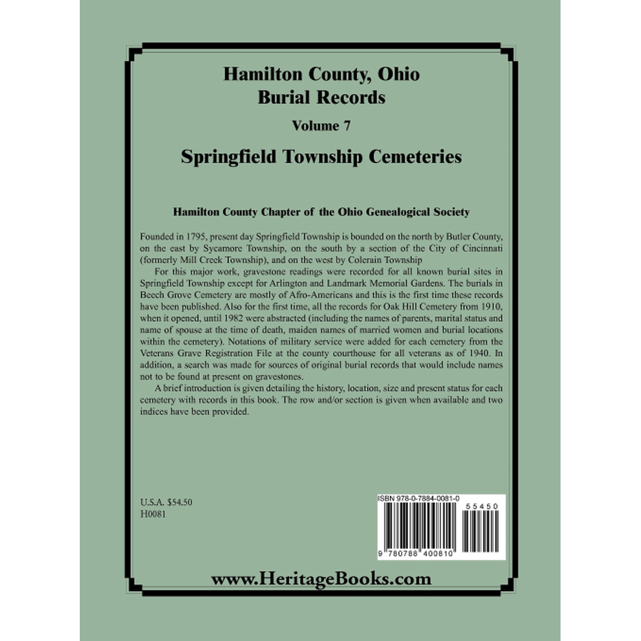 back cover of Hamilton County, Ohio Burial Records, Volume 7: Springfield Township Cemeteries