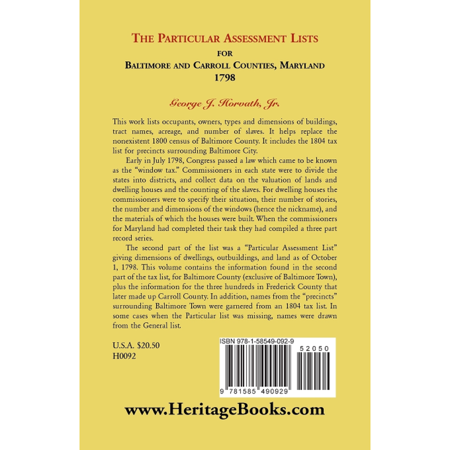 The Particular Assessment Lists For Baltimore And Carroll Counties, 1798 back cover