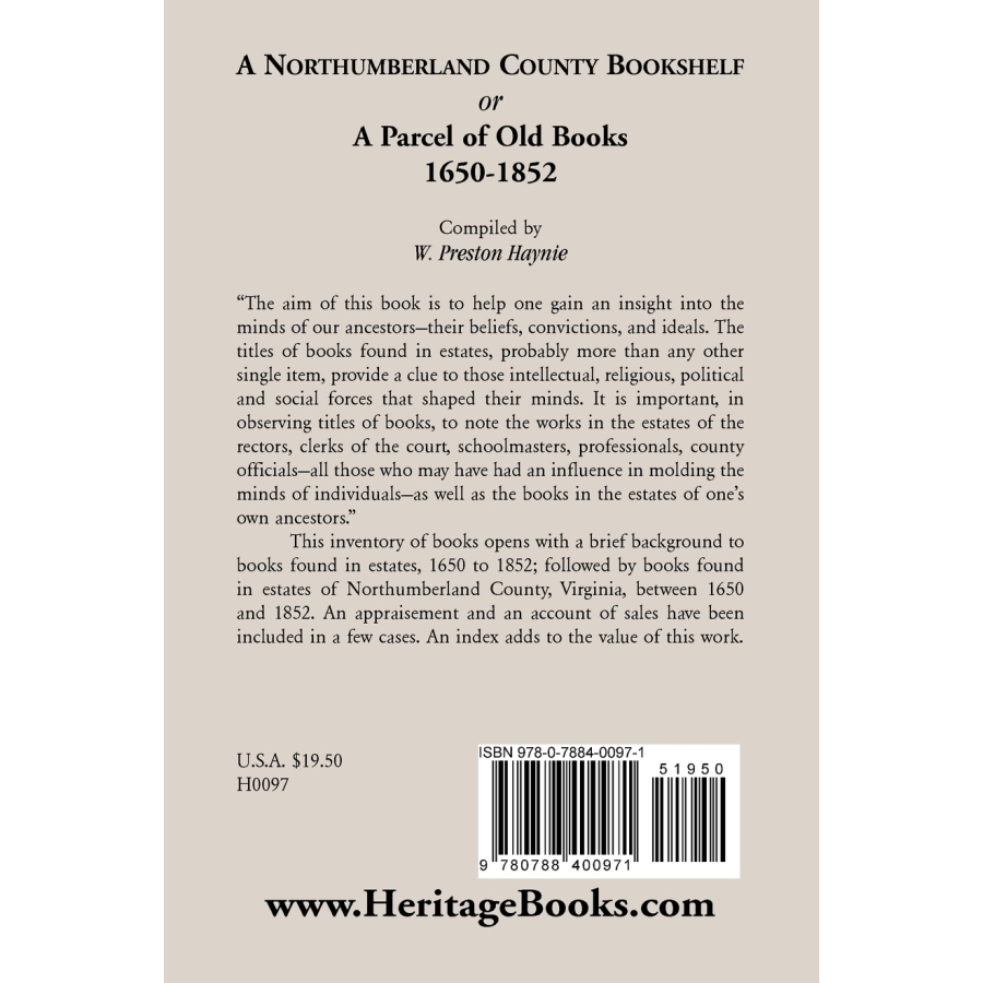 A Northumberland County Bookshelf or A Parcel of Old Books, 1650-1852 back cover