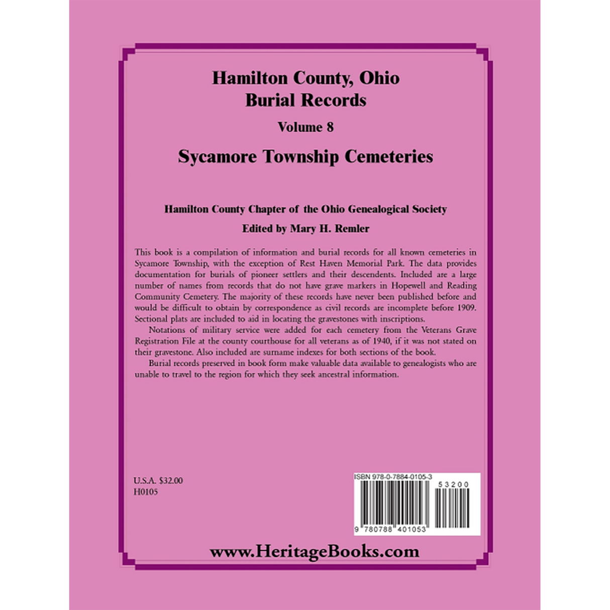 Hamilton County, Ohio Burial Records, Volume 8: Sycamore Township Cemeteries back cover