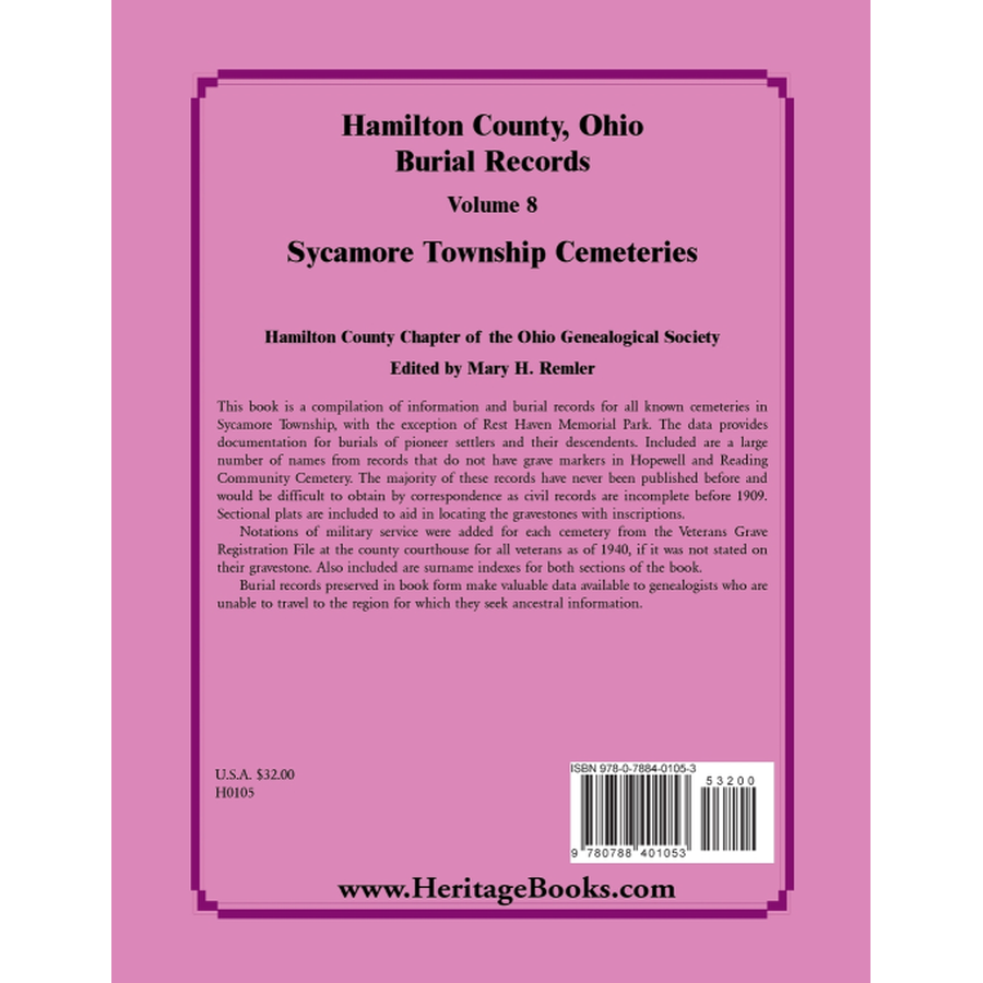 back cover of Hamilton County, Ohio Burial Records, Volume 8: Sycamore Township Cemeteries